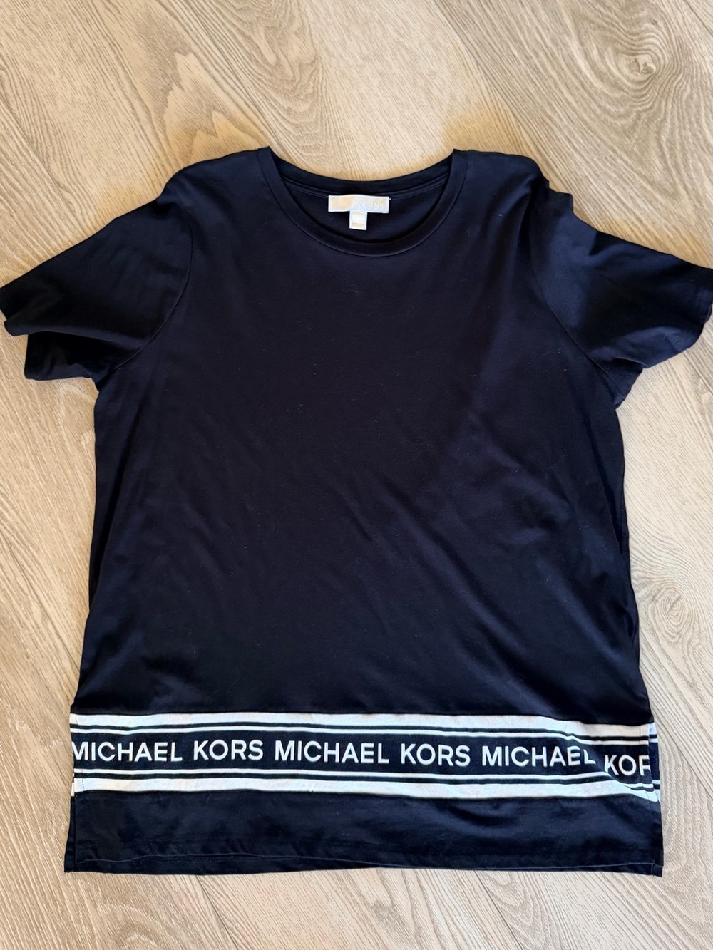 Michael Kors Black Short Sleeve Tee with White Logo Hem Longer Length